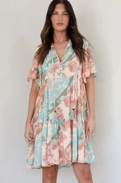 Abilia Mini Dress - Mandarin Collar Smock Dress in Clavelle Print>Salty Crush Online