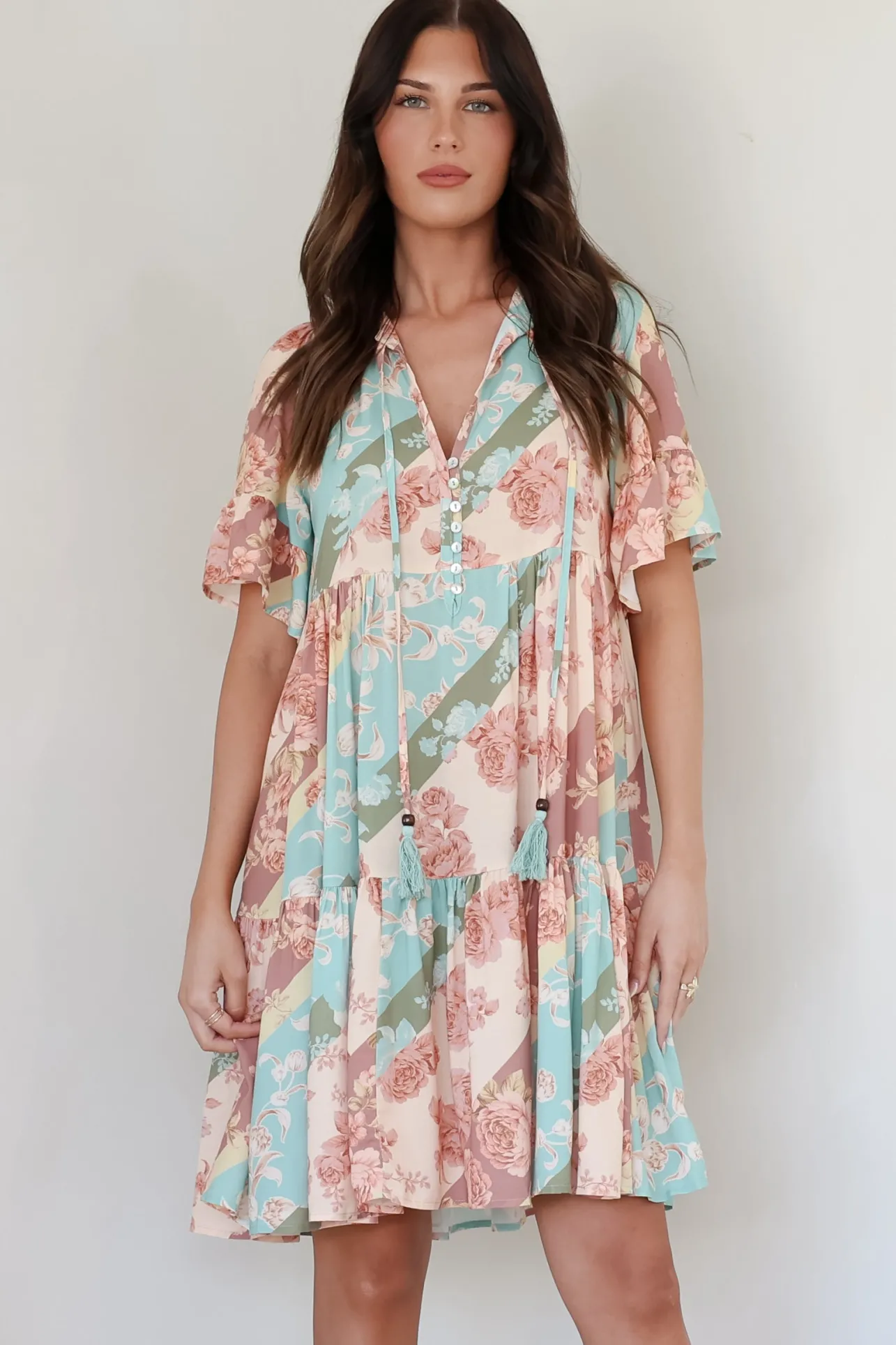 Abilia Mini Dress - Mandarin Collar Smock Dress in Clavelle Print>Salty Crush Online