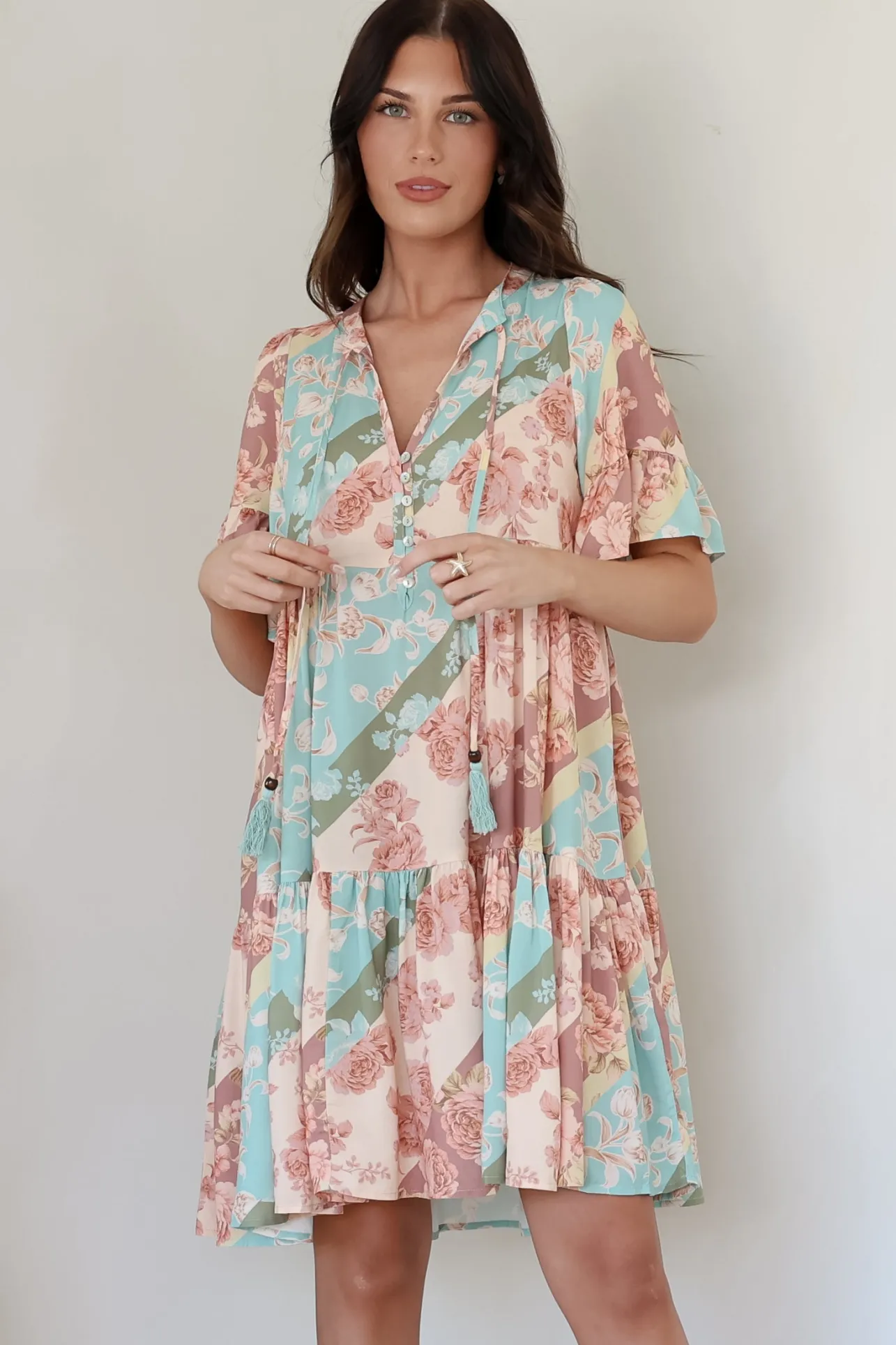 Abilia Mini Dress - Mandarin Collar Smock Dress in Clavelle Print>Salty Crush Online