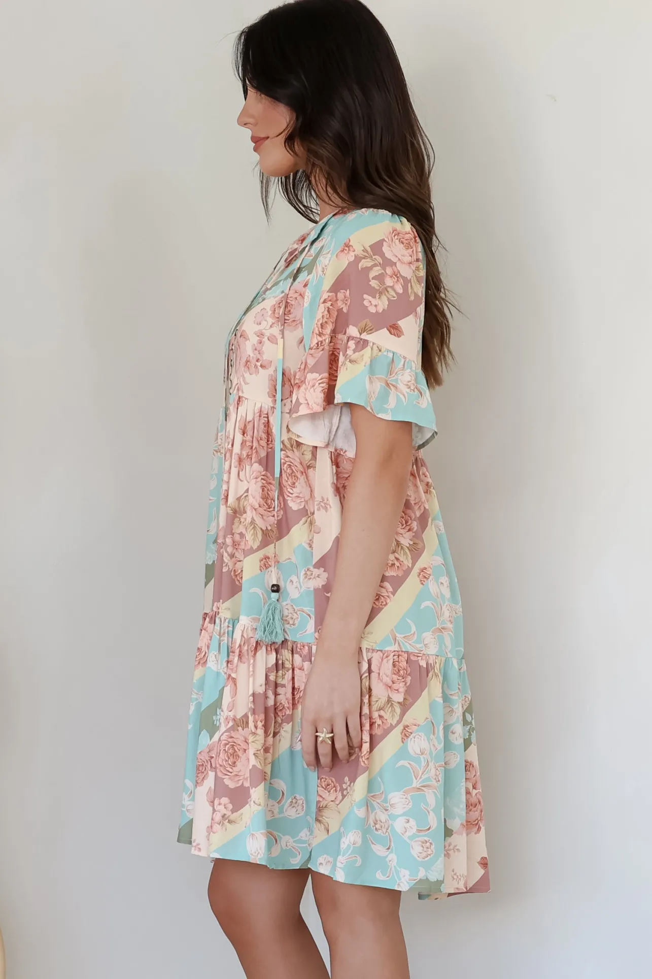 Abilia Mini Dress - Mandarin Collar Smock Dress in Clavelle Print>Salty Crush Online