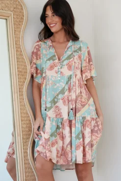 Abilia Mini Dress - Mandarin Collar Smock Dress in Clavelle Print><noscript><img width=