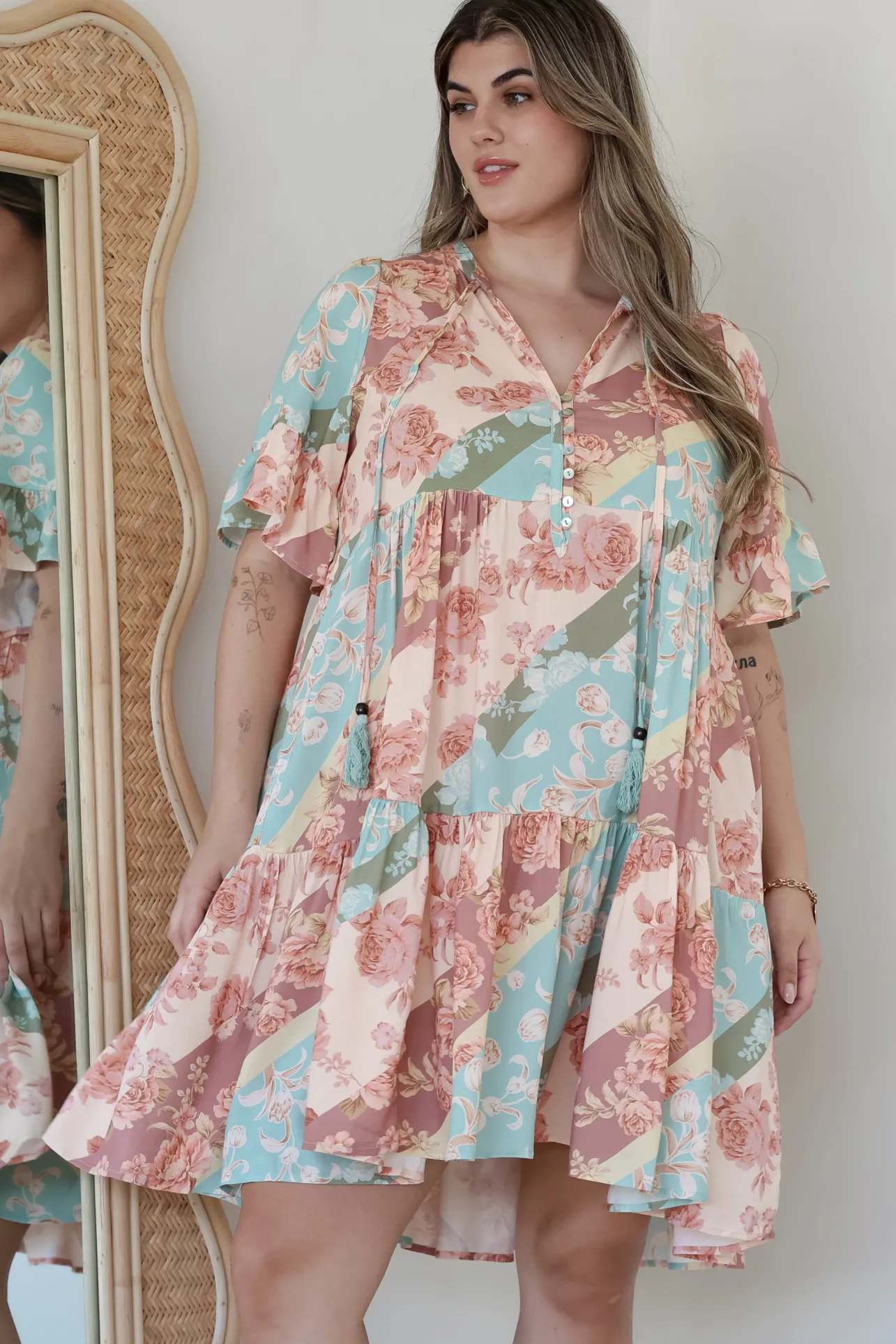 Abilia Mini Dress - Mandarin Collar Smock Dress in Clavelle Print>Salty Crush Online