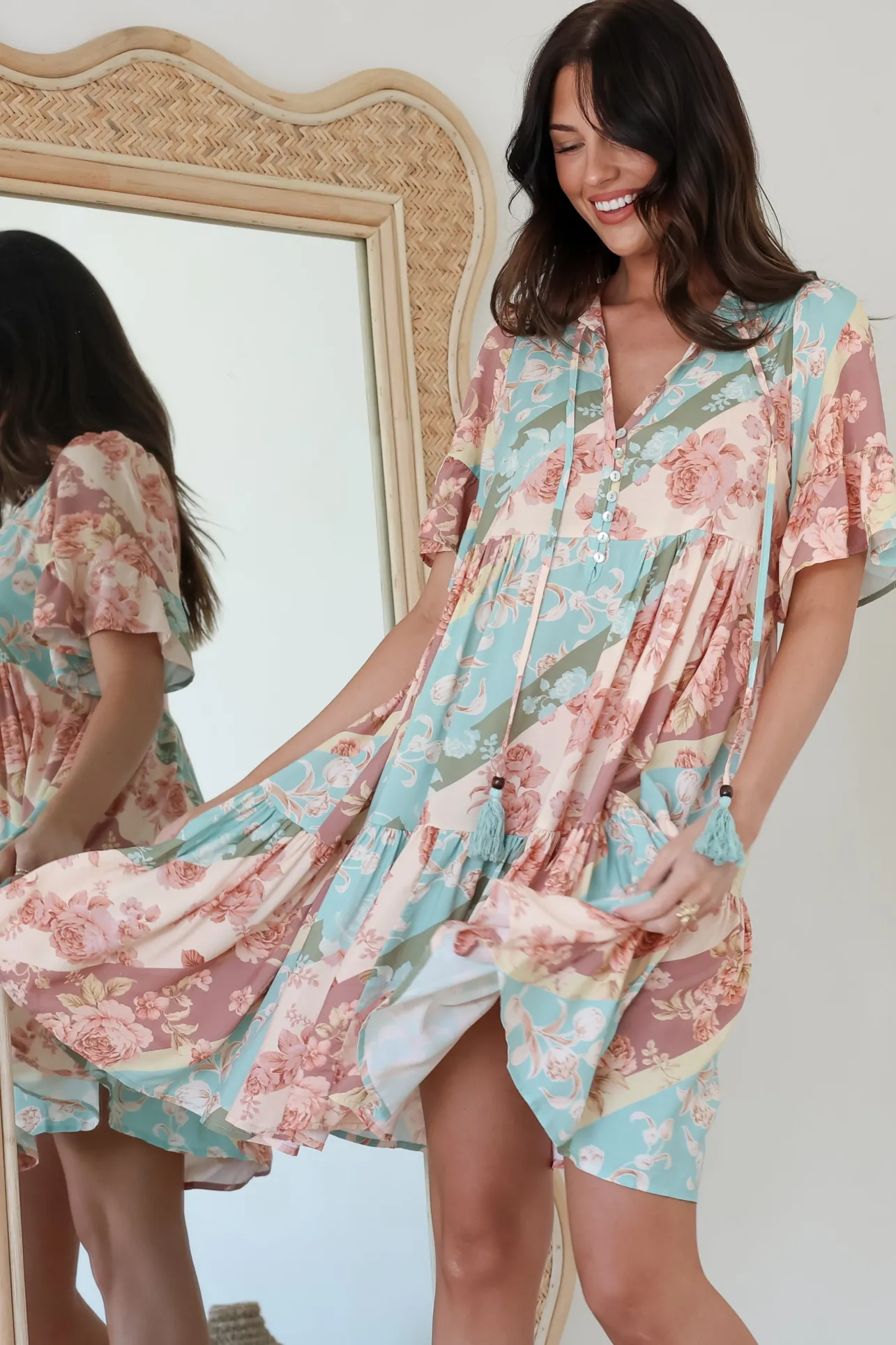 Abilia Mini Dress - Mandarin Collar Smock Dress in Clavelle Print>Salty Crush Online