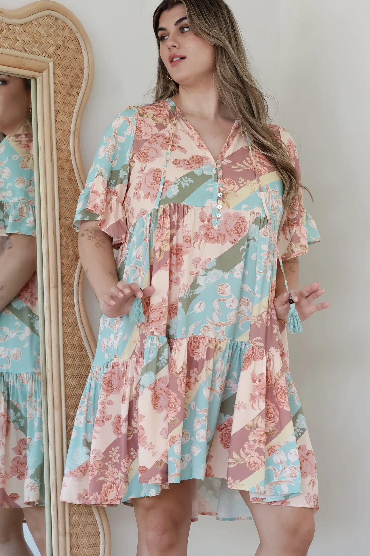 Abilia Mini Dress - Mandarin Collar Smock Dress in Clavelle Print>Salty Crush Online