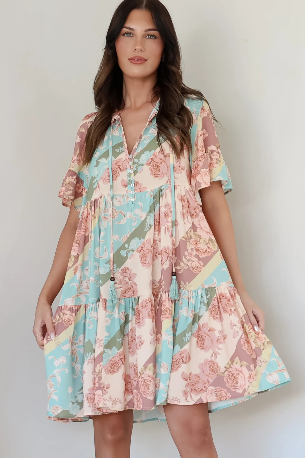 Abilia Mini Dress - Mandarin Collar Smock Dress in Clavelle Print>Salty Crush Online