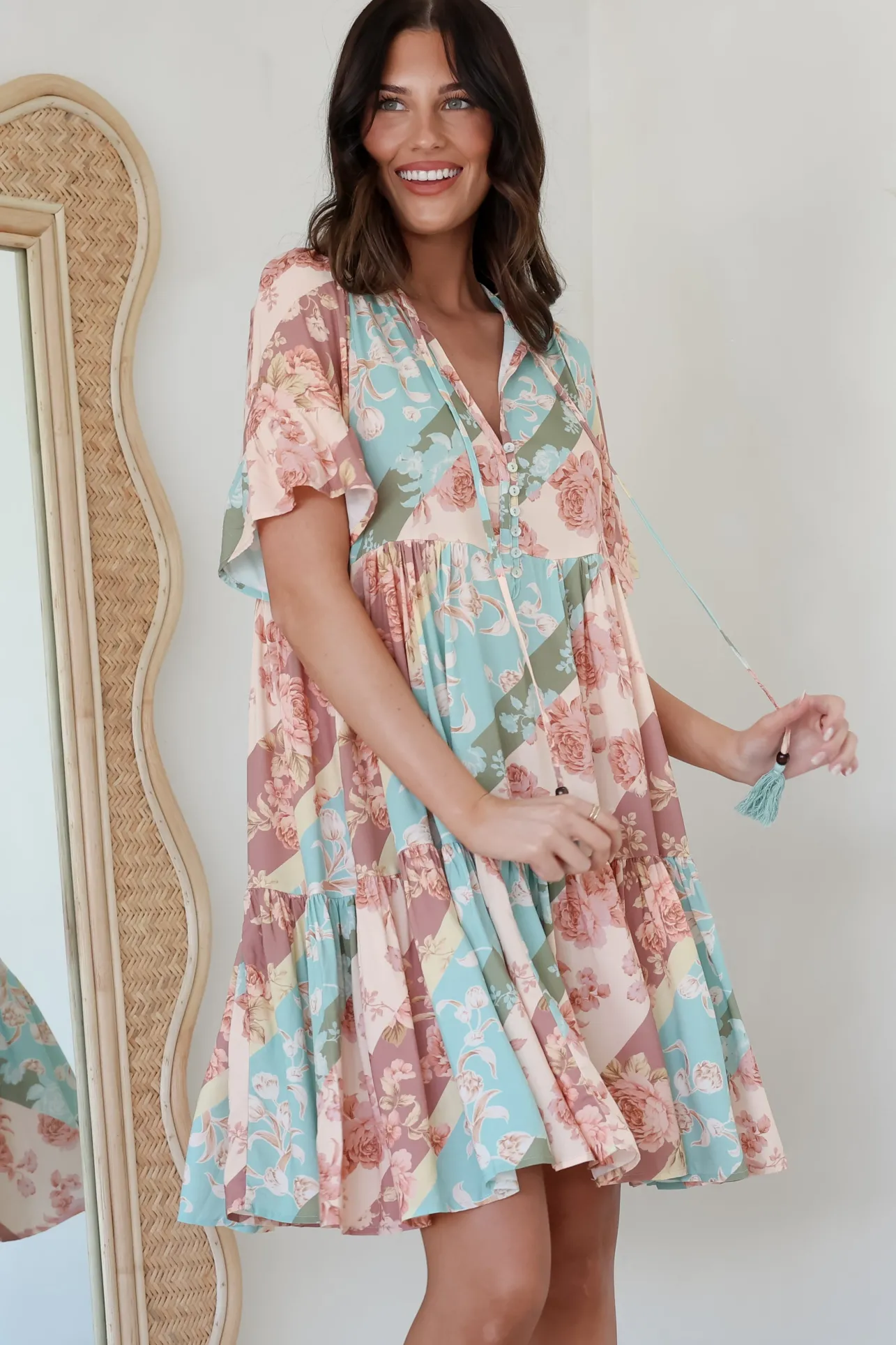 Abilia Mini Dress - Mandarin Collar Smock Dress in Clavelle Print>Salty Crush Online
