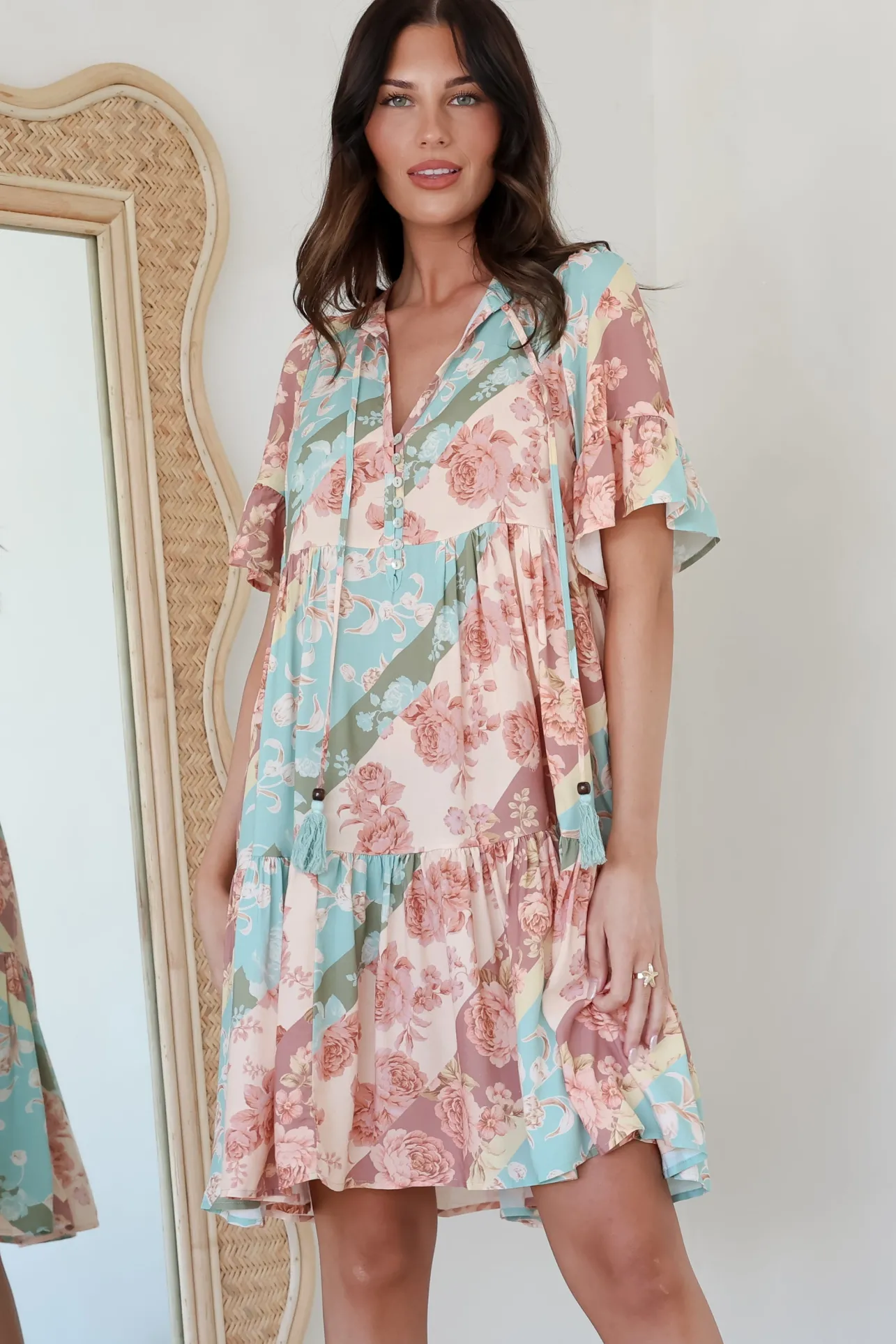 Abilia Mini Dress - Mandarin Collar Smock Dress in Clavelle Print>Salty Crush Online