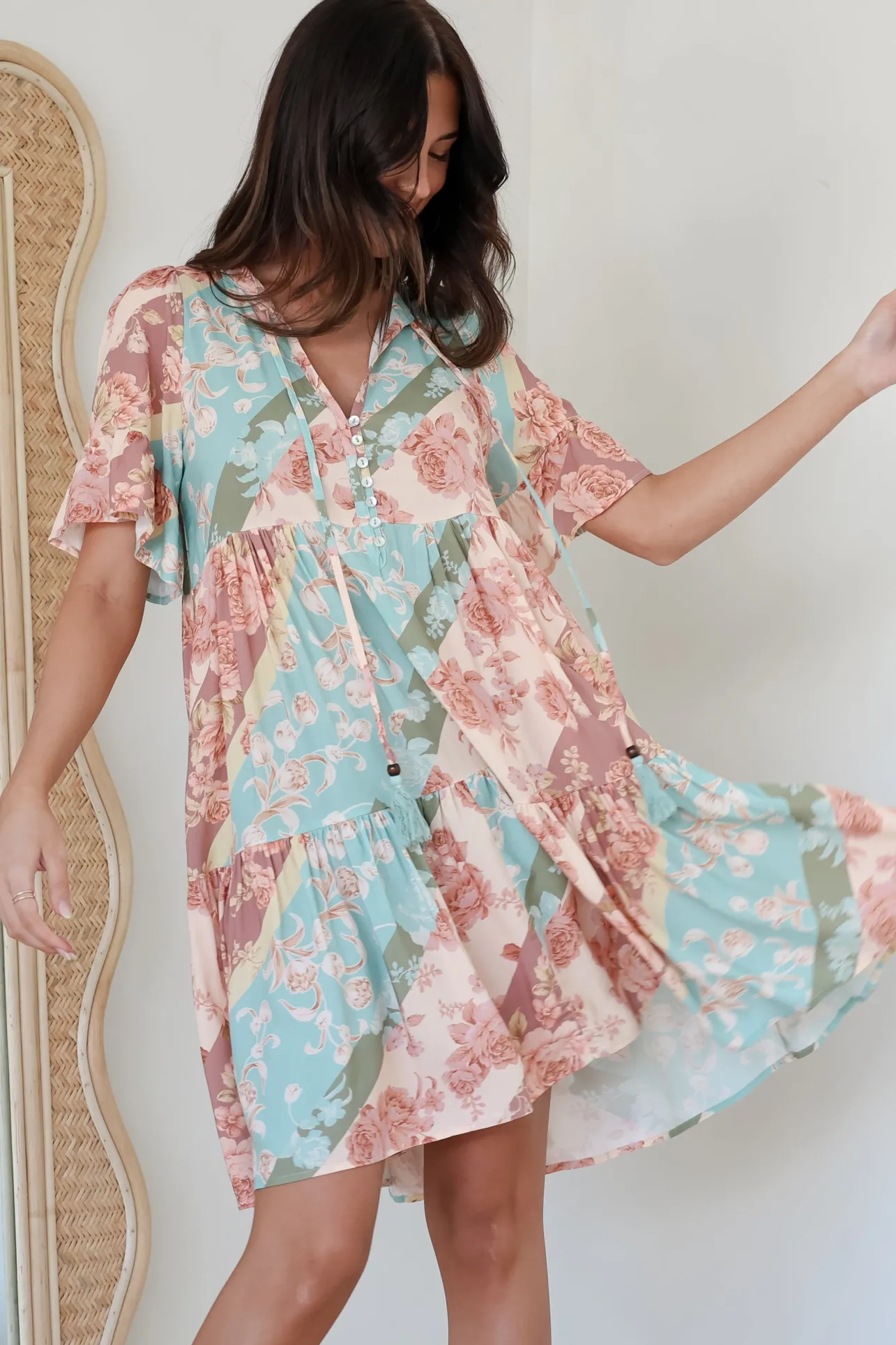 Abilia Mini Dress - Mandarin Collar Smock Dress in Clavelle Print>Salty Crush Online