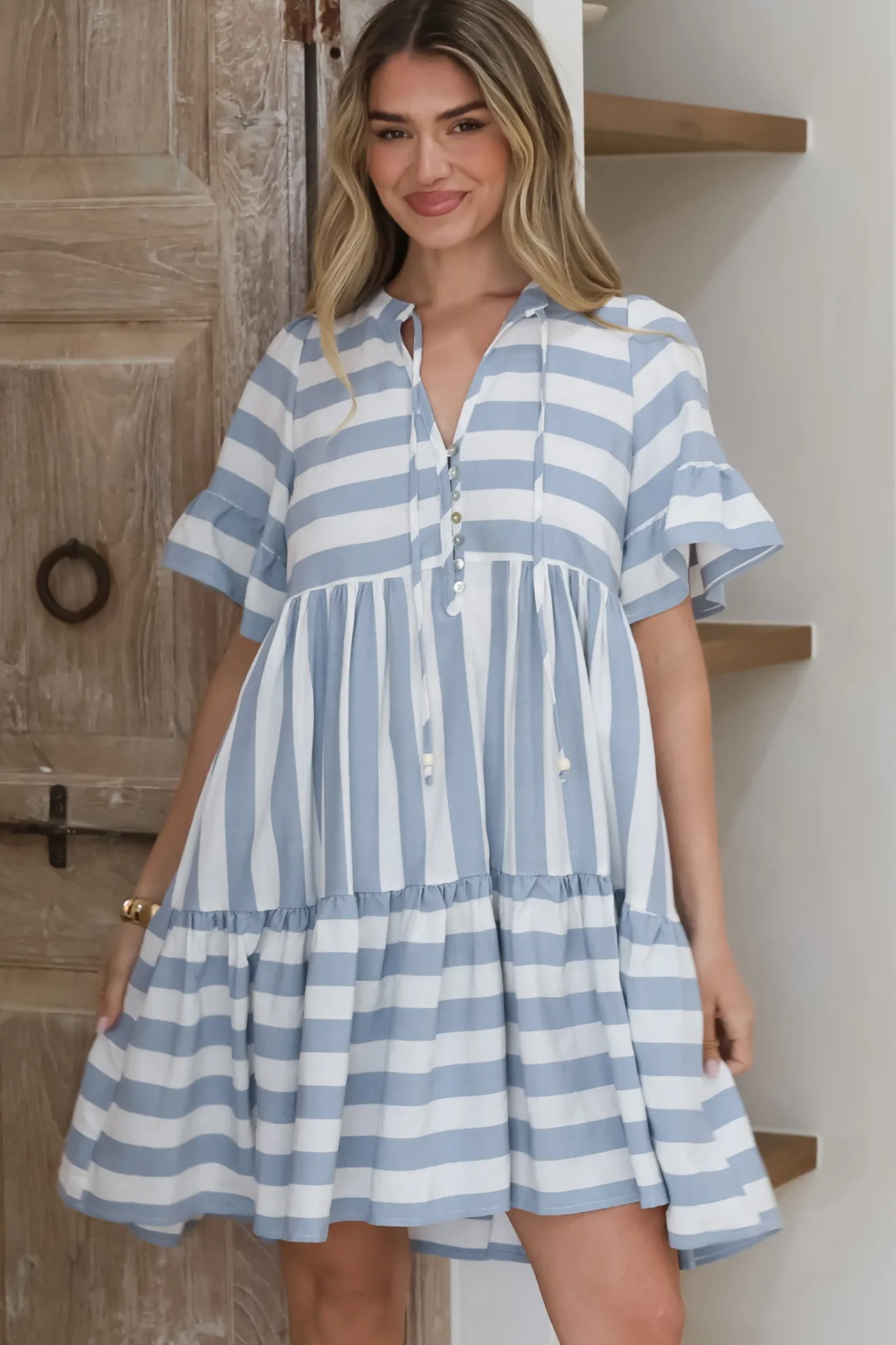 Abilia Mini Dress - Mandarin Collar Smock Dress in Gaubi Print Blue>Salty Crush Sale