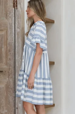 Abilia Mini Dress - Mandarin Collar Smock Dress in Gaubi Print Blue><noscript><img width=