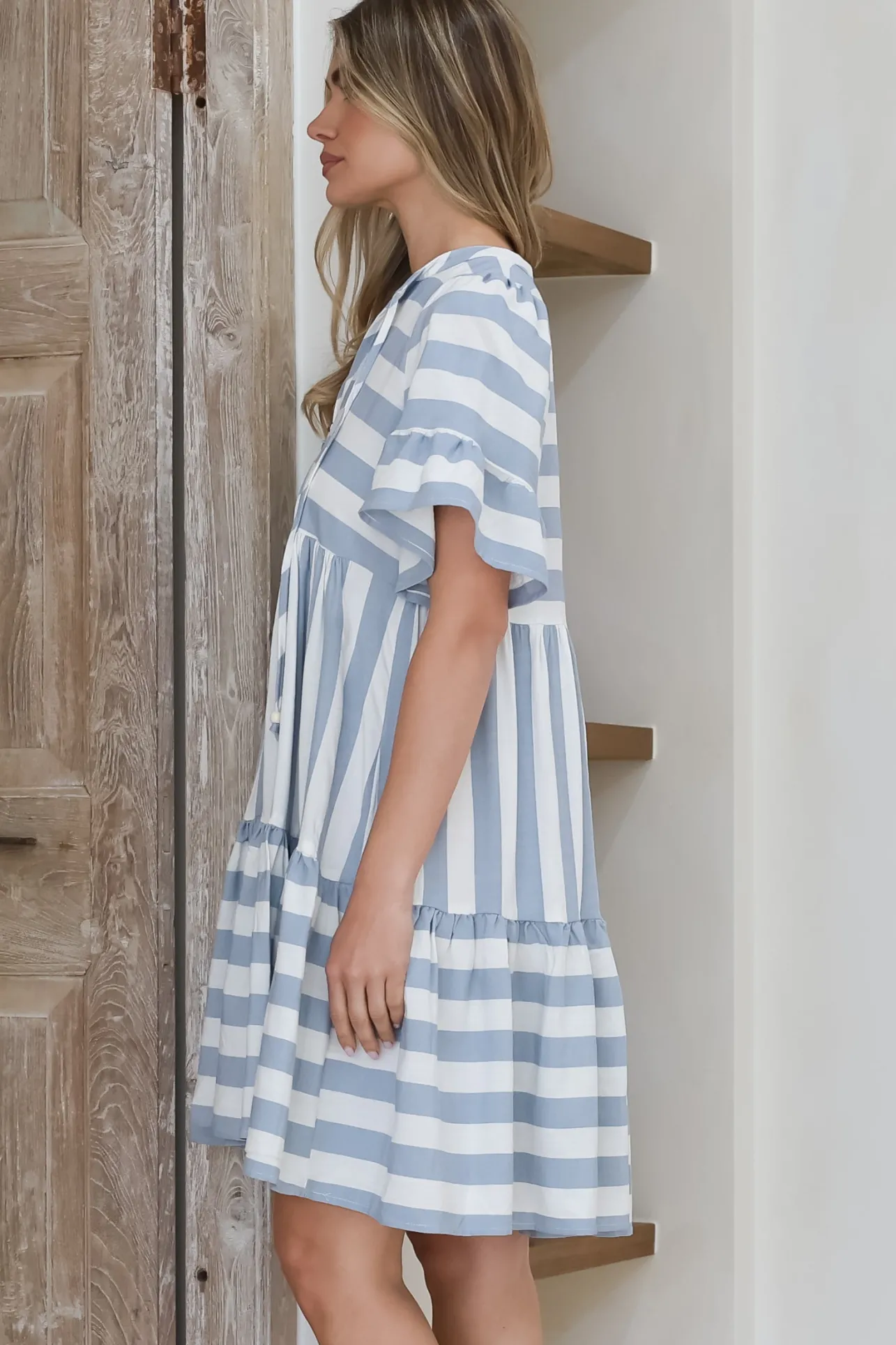 Abilia Mini Dress - Mandarin Collar Smock Dress in Gaubi Print Blue>Salty Crush Sale