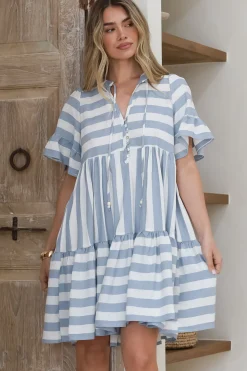 Abilia Mini Dress - Mandarin Collar Smock Dress in Gaubi Print Blue><noscript><img width=