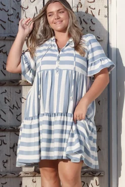 Abilia Mini Dress - Mandarin Collar Smock Dress in Gaubi Print Blue><noscript><img width=