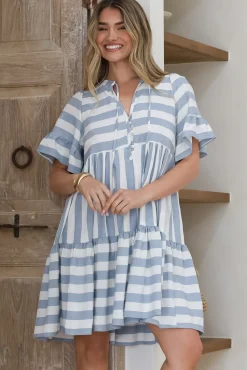Abilia Mini Dress - Mandarin Collar Smock Dress in Gaubi Print Blue><noscript><img width=