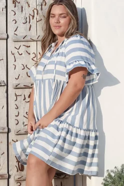 Abilia Mini Dress - Mandarin Collar Smock Dress in Gaubi Print Blue><noscript><img width=