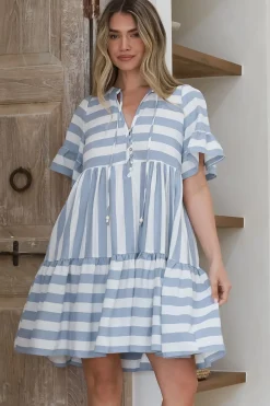 Abilia Mini Dress - Mandarin Collar Smock Dress in Gaubi Print Blue><noscript><img width=