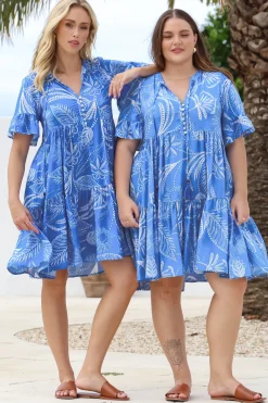 Abilia Mini Dress - Mandarin Collar Buttoned Bodice Smock Dress in Havanna Print in Blue>Salty Crush Outlet