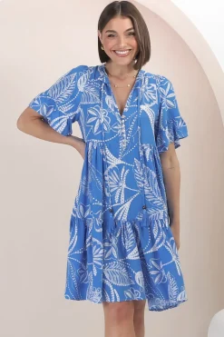 Abilia Mini Dress - Mandarin Collar Buttoned Bodice Smock Dress in Havanna Print in Blue>Salty Crush Outlet