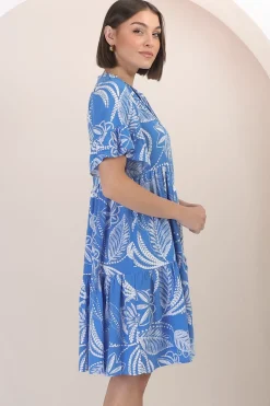Abilia Mini Dress - Mandarin Collar Buttoned Bodice Smock Dress in Havanna Print in Blue><noscript><img width=