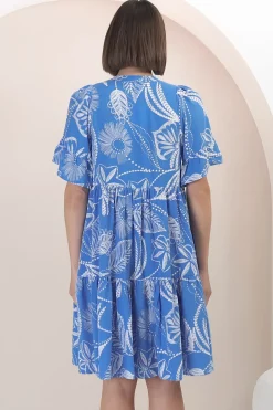 Abilia Mini Dress - Mandarin Collar Buttoned Bodice Smock Dress in Havanna Print in Blue><noscript><img width=