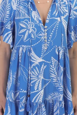 Abilia Mini Dress - Mandarin Collar Buttoned Bodice Smock Dress in Havanna Print in Blue><noscript><img width=