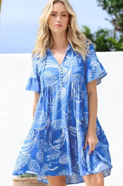 Abilia Mini Dress - Mandarin Collar Buttoned Bodice Smock Dress in Havanna Print in Blue><noscript><img width=
