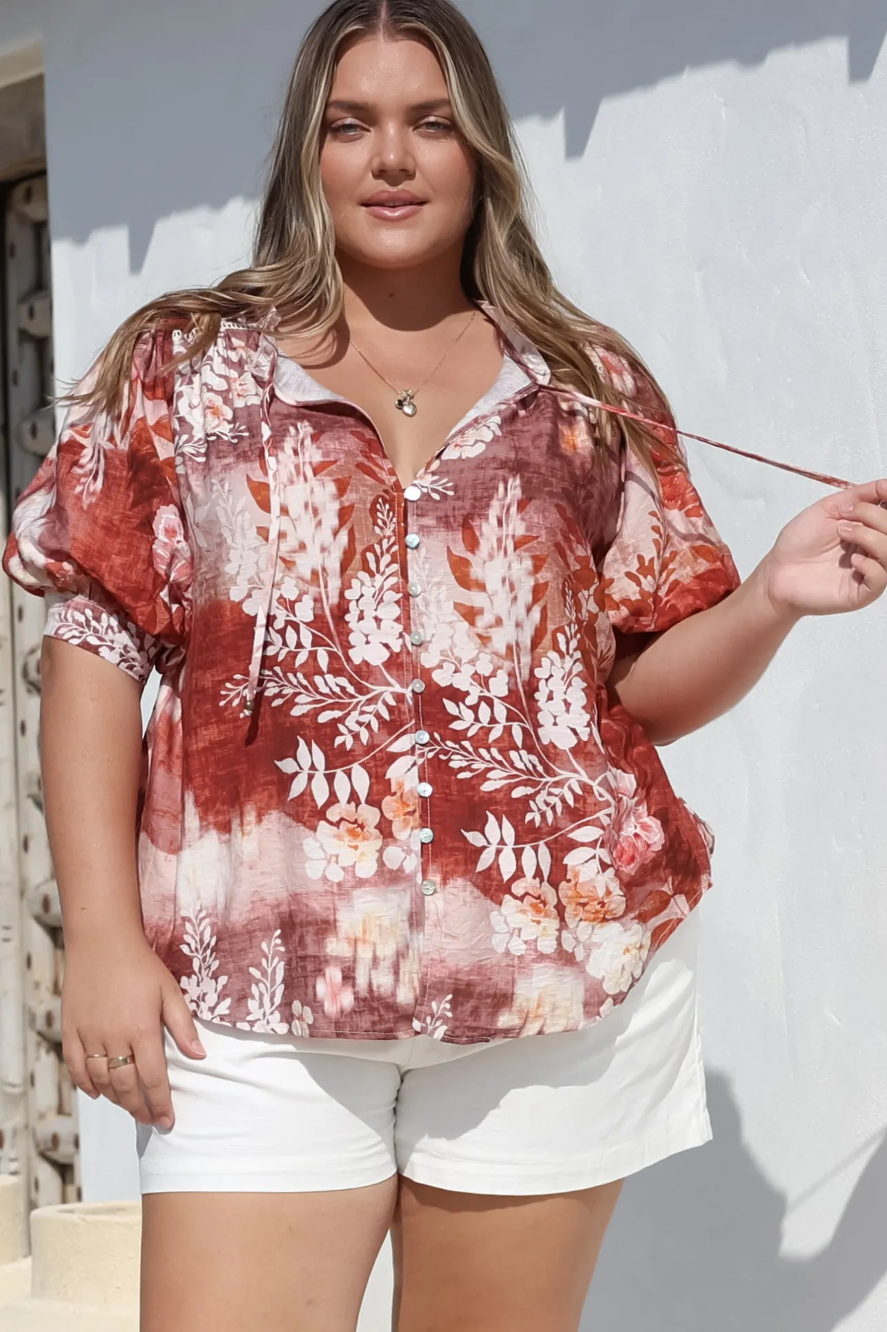 Acacia Blouse - Button Down Short Balloon Sleeve Shirt with Buttoned Cuffs in Ashara Print>Salty Crush Outlet