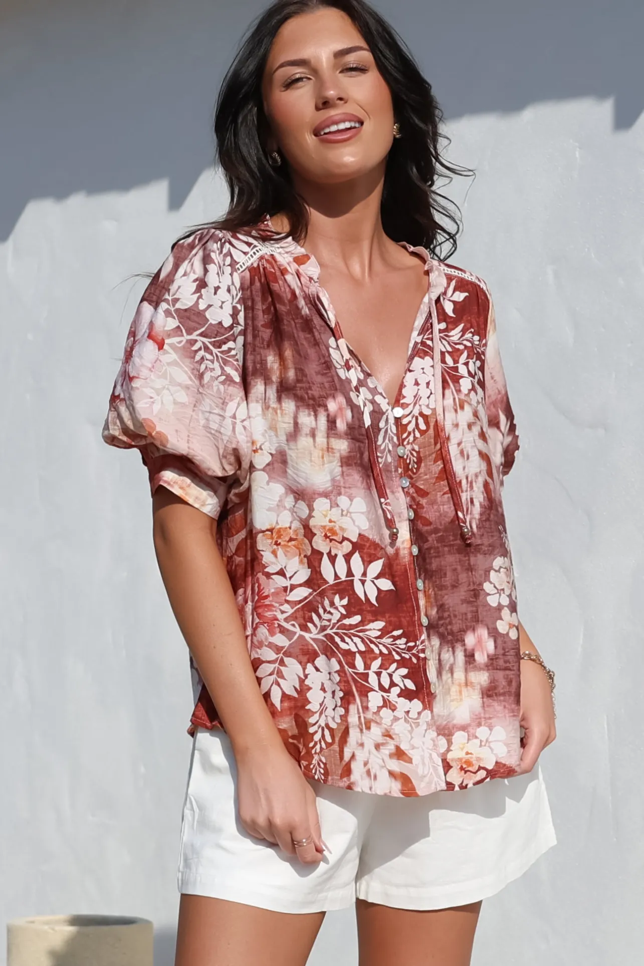 Acacia Blouse - Button Down Short Balloon Sleeve Shirt with Buttoned Cuffs in Ashara Print>Salty Crush Outlet