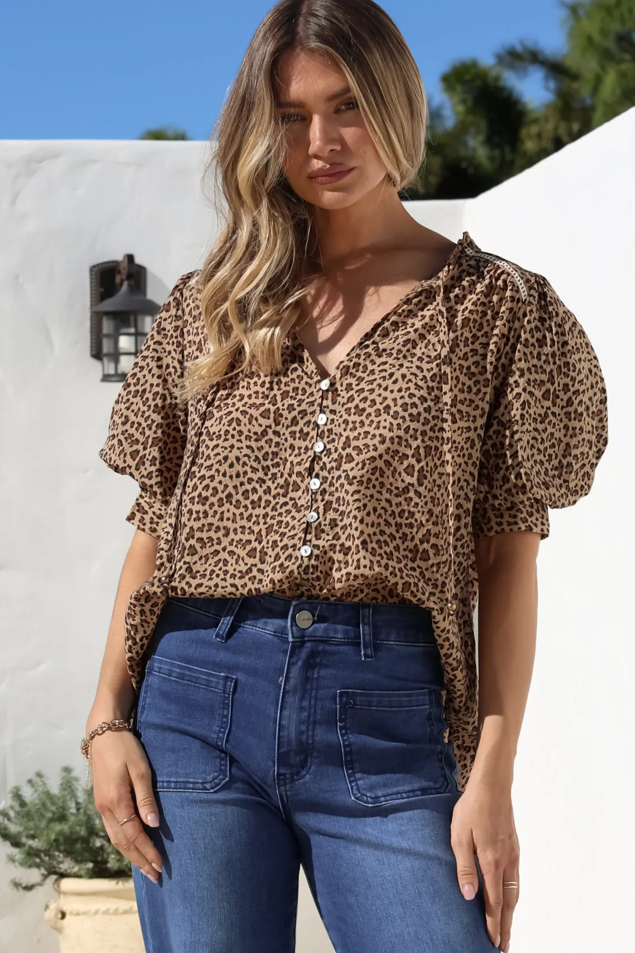 Acacia Blouse - Button Down Short Balloon Sleeve Shirt with Buttoned Cuffs in Wyatt Print>Salty Crush Discount