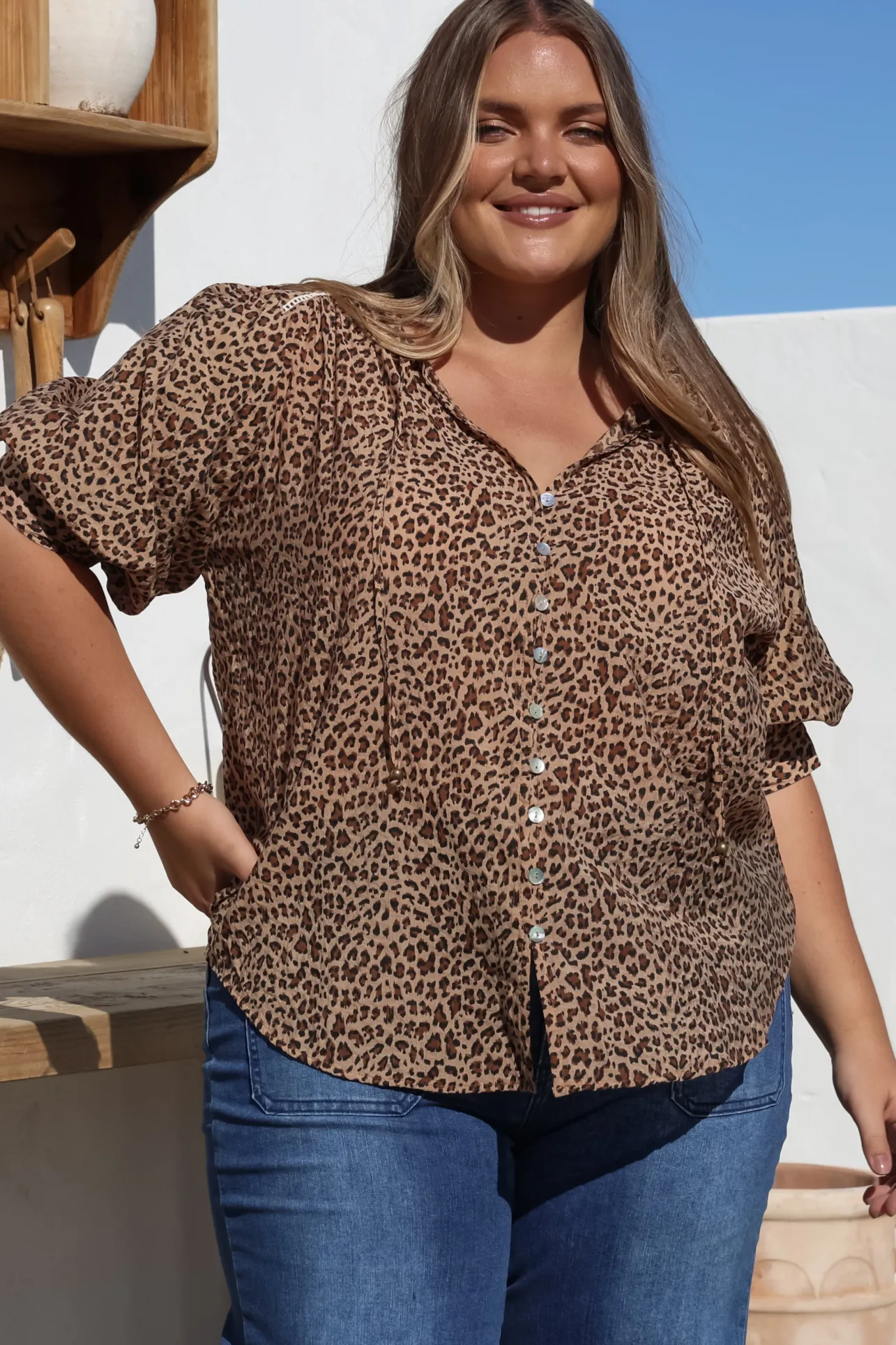 Acacia Blouse - Button Down Short Balloon Sleeve Shirt with Buttoned Cuffs in Wyatt Print>Salty Crush Discount