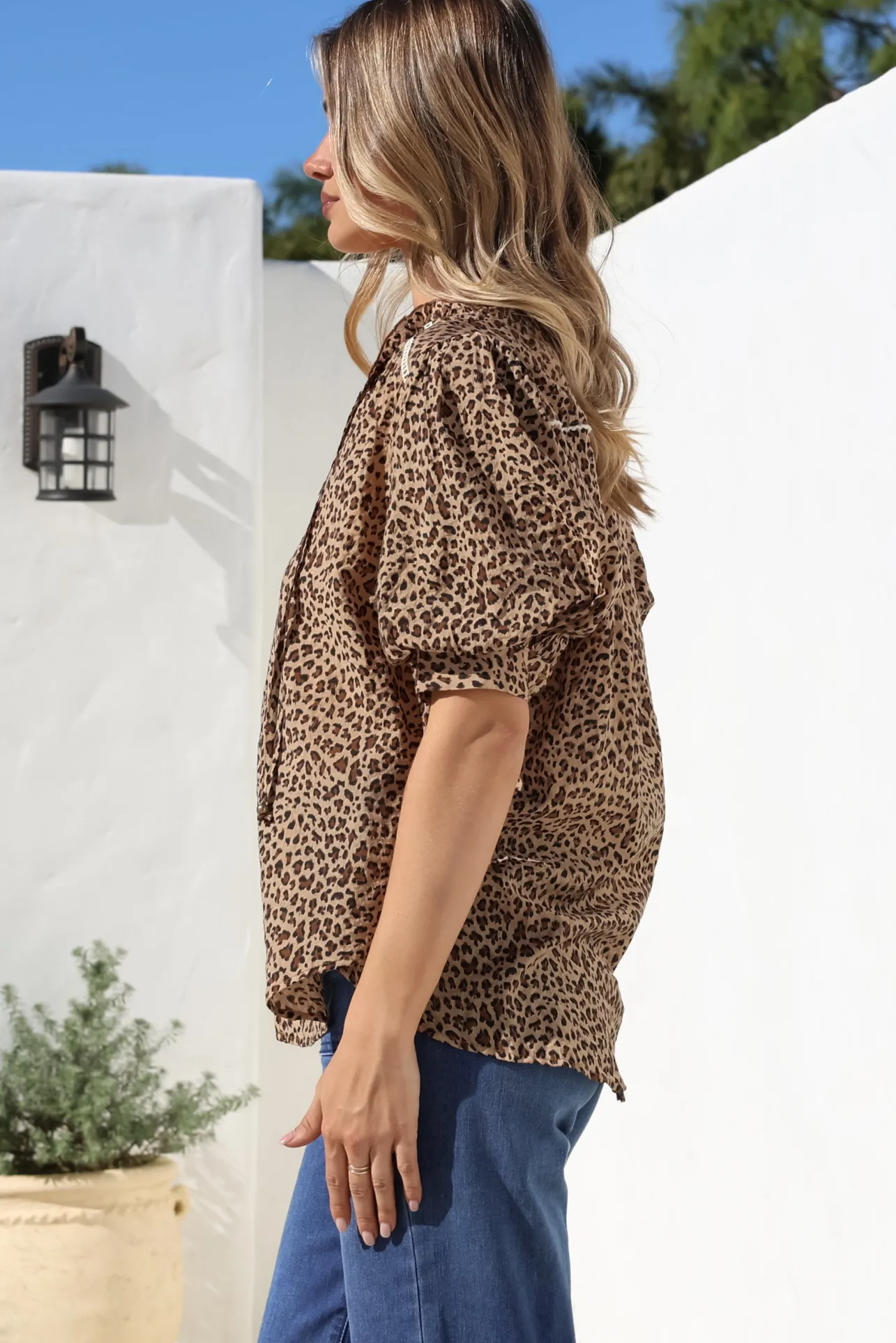 Acacia Blouse - Button Down Short Balloon Sleeve Shirt with Buttoned Cuffs in Wyatt Print>Salty Crush Discount