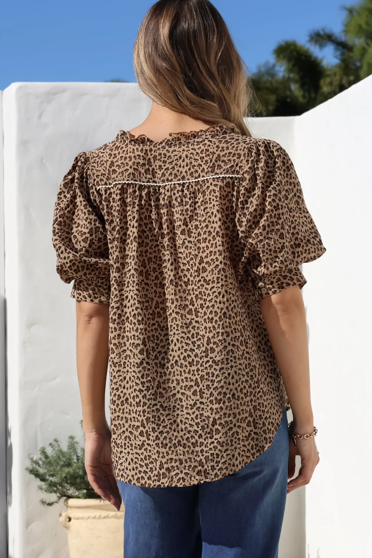 Acacia Blouse - Button Down Short Balloon Sleeve Shirt with Buttoned Cuffs in Wyatt Print>Salty Crush Discount
