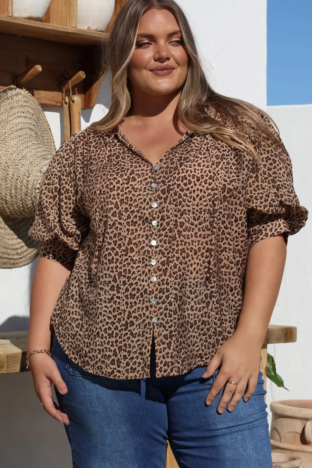 Acacia Blouse - Button Down Short Balloon Sleeve Shirt with Buttoned Cuffs in Wyatt Print>Salty Crush Discount