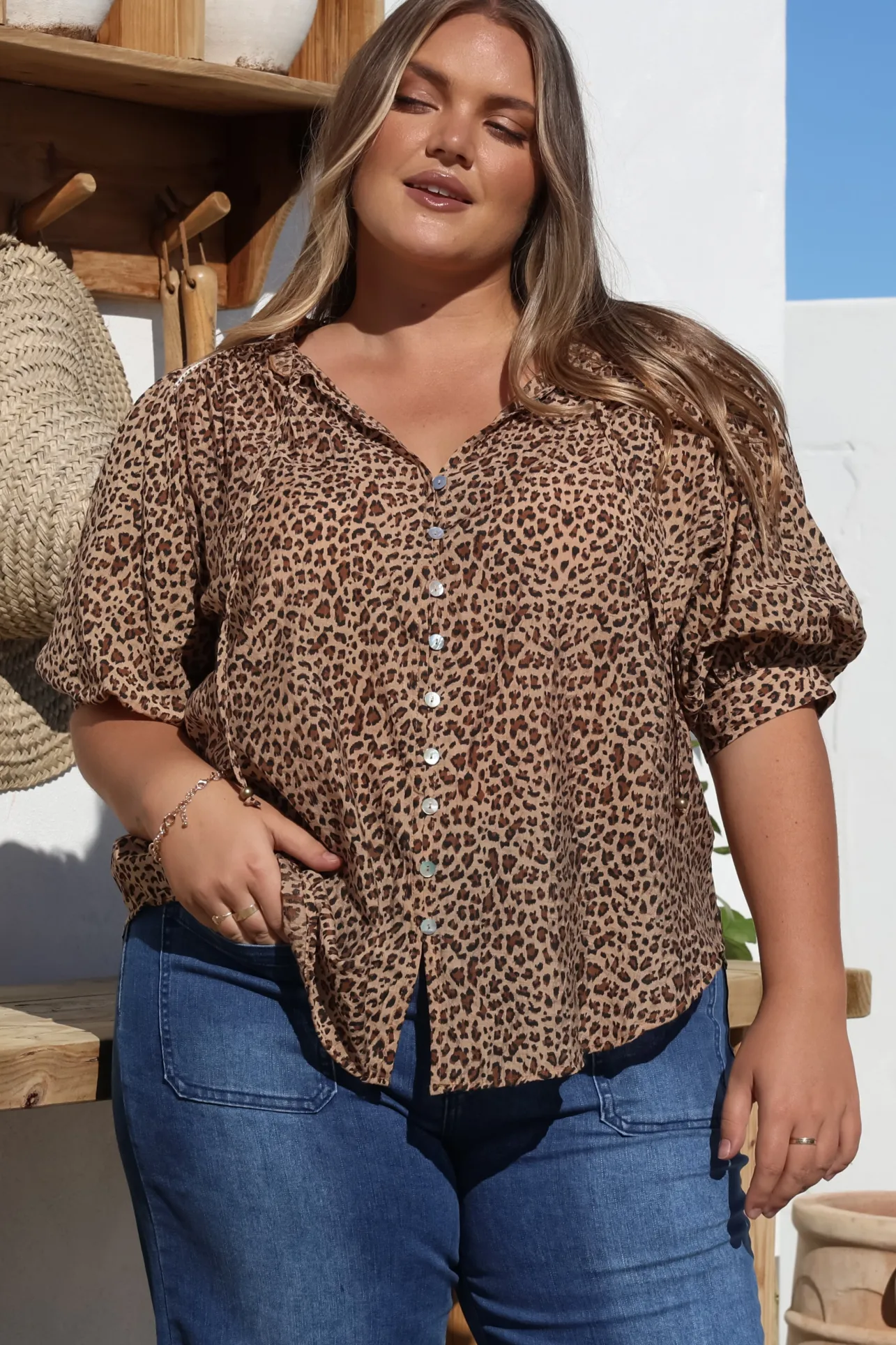 Acacia Blouse - Button Down Short Balloon Sleeve Shirt with Buttoned Cuffs in Wyatt Print>Salty Crush Discount