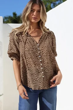 Acacia Blouse - Button Down Short Balloon Sleeve Shirt with Buttoned Cuffs in Wyatt Print><noscript><img width=