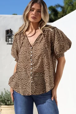 Acacia Blouse - Button Down Short Balloon Sleeve Shirt with Buttoned Cuffs in Wyatt Print><noscript><img width=