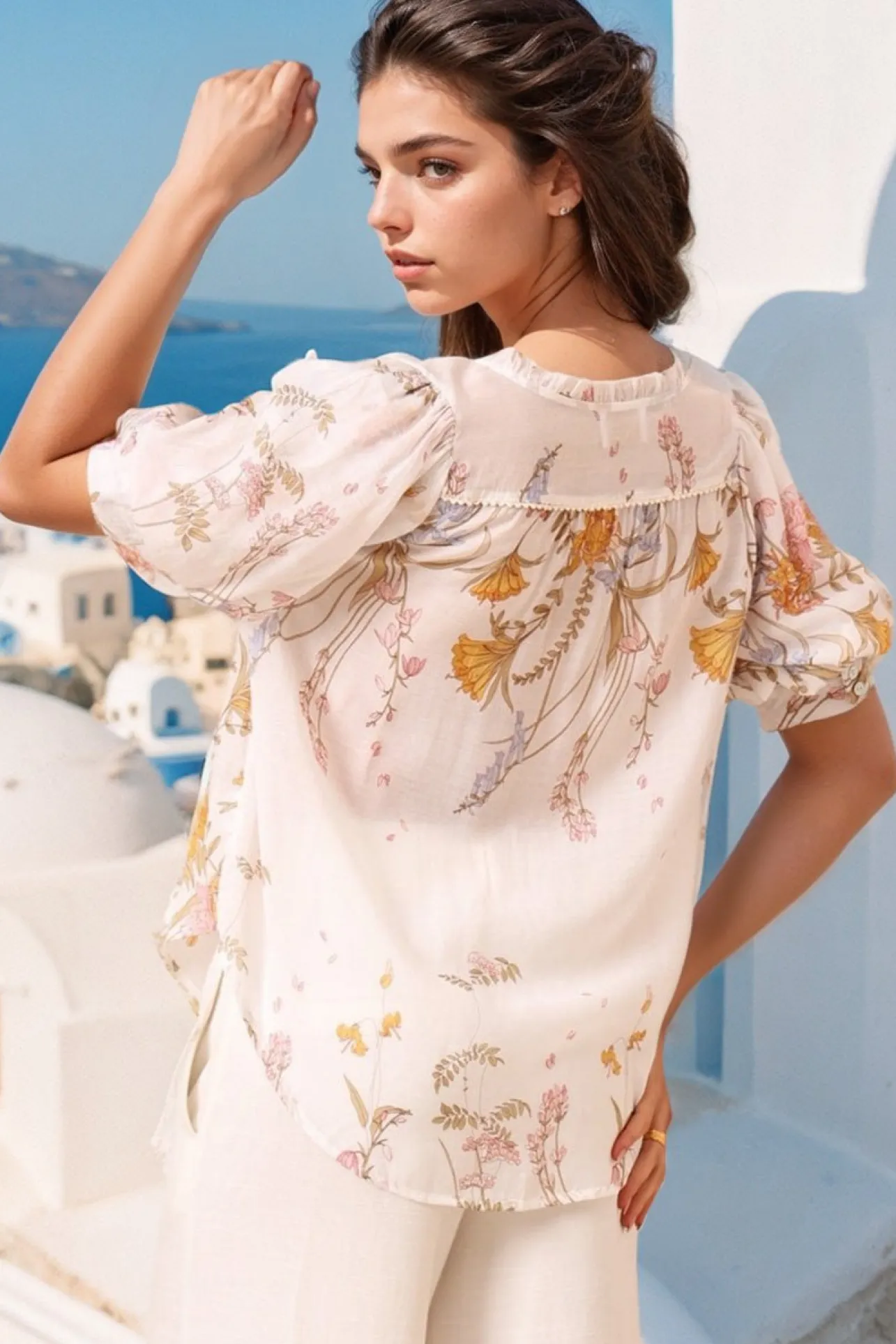 Acacia Blouse - Button Down Short Balloon Sleeve Shirt with Buttoned Cuffs in Sheree Print>Salty Crush Hot