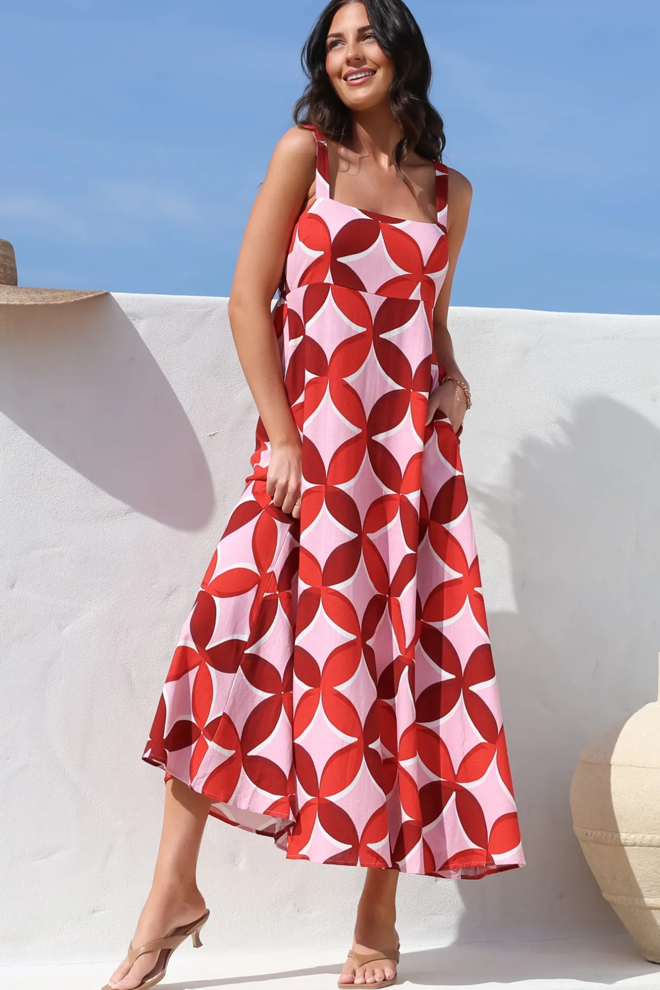Acacia Maxi Dress - Square Neckline Thick Adjustable Strap Sun Dress in Bambina Print>Salty Crush Sale