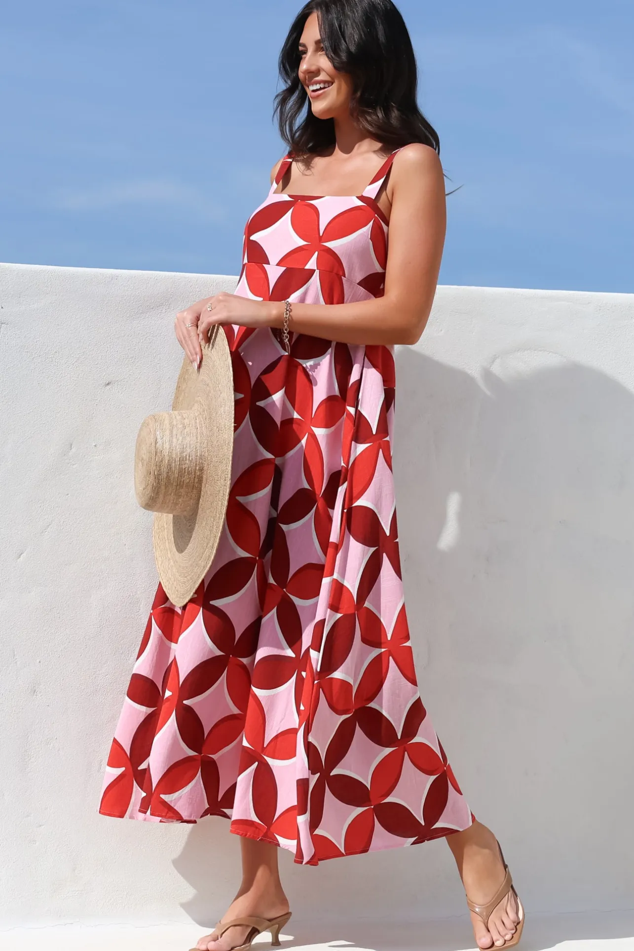 Acacia Maxi Dress - Square Neckline Thick Adjustable Strap Sun Dress in Bambina Print>Salty Crush Sale