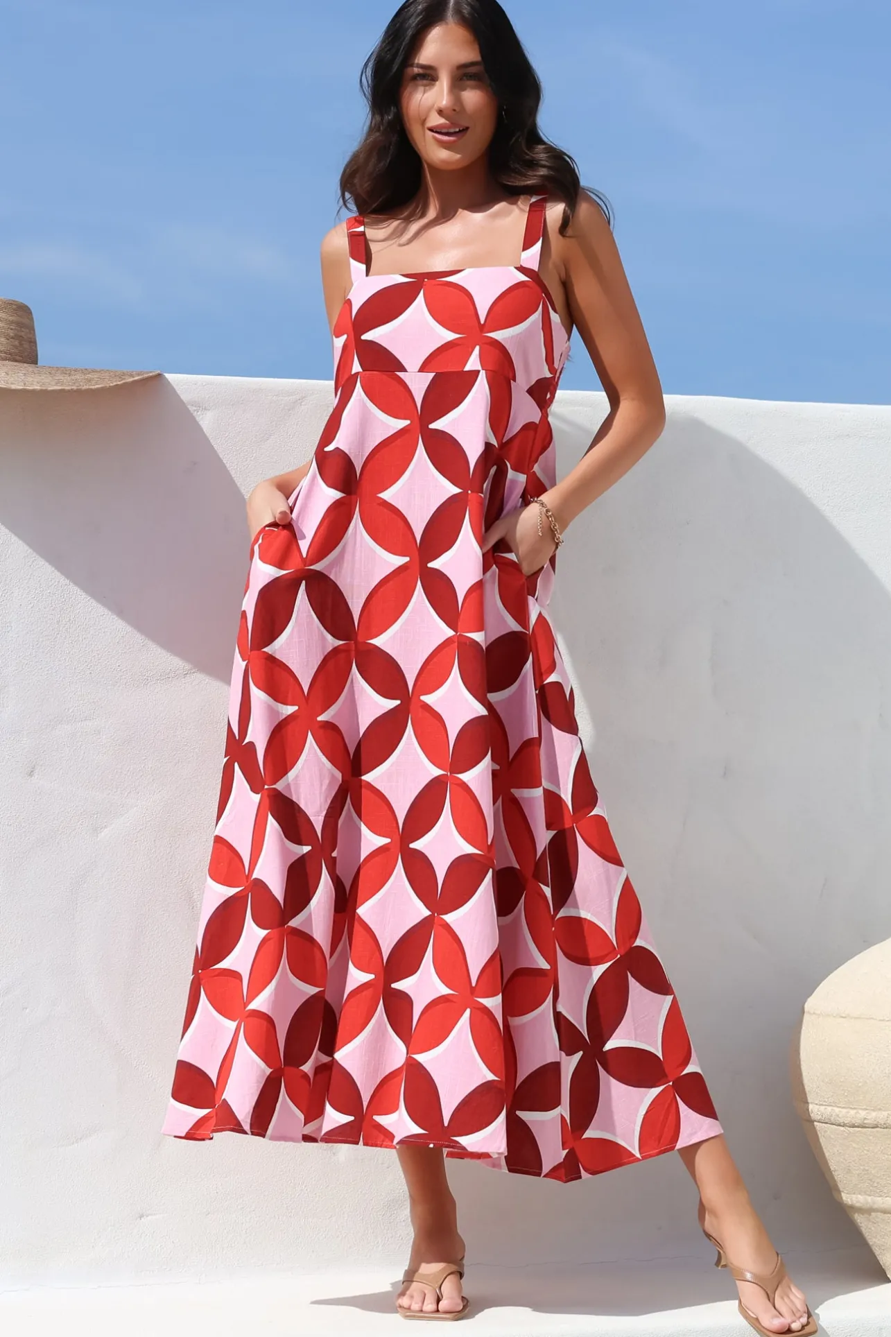 Acacia Maxi Dress - Square Neckline Thick Adjustable Strap Sun Dress in Bambina Print>Salty Crush Sale