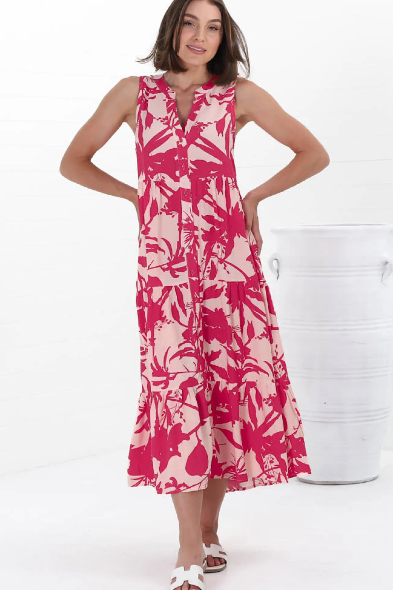 Acelle Midi Dress - Sleeveless Bermuda Collar Button Down Dress in Patty Print Pink>Salty Crush Sale