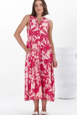 Acelle Midi Dress - Sleeveless Bermuda Collar Button Down Dress in Patty Print Pink><noscript><img width=