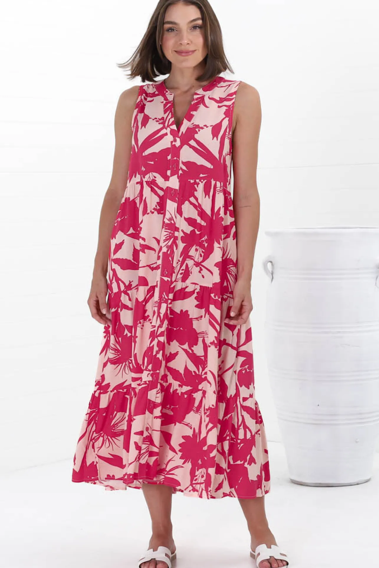 Acelle Midi Dress - Sleeveless Bermuda Collar Button Down Dress in Patty Print Pink>Salty Crush Sale