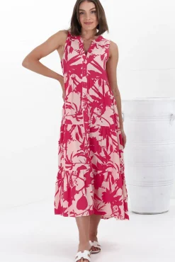 Acelle Midi Dress - Sleeveless Bermuda Collar Button Down Dress in Patty Print Pink><noscript><img width=