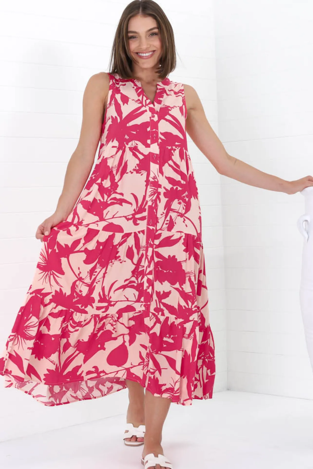 Acelle Midi Dress - Sleeveless Bermuda Collar Button Down Dress in Patty Print Pink>Salty Crush Sale