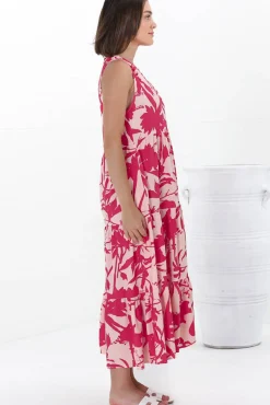Acelle Midi Dress - Sleeveless Bermuda Collar Button Down Dress in Patty Print Pink><noscript><img width=