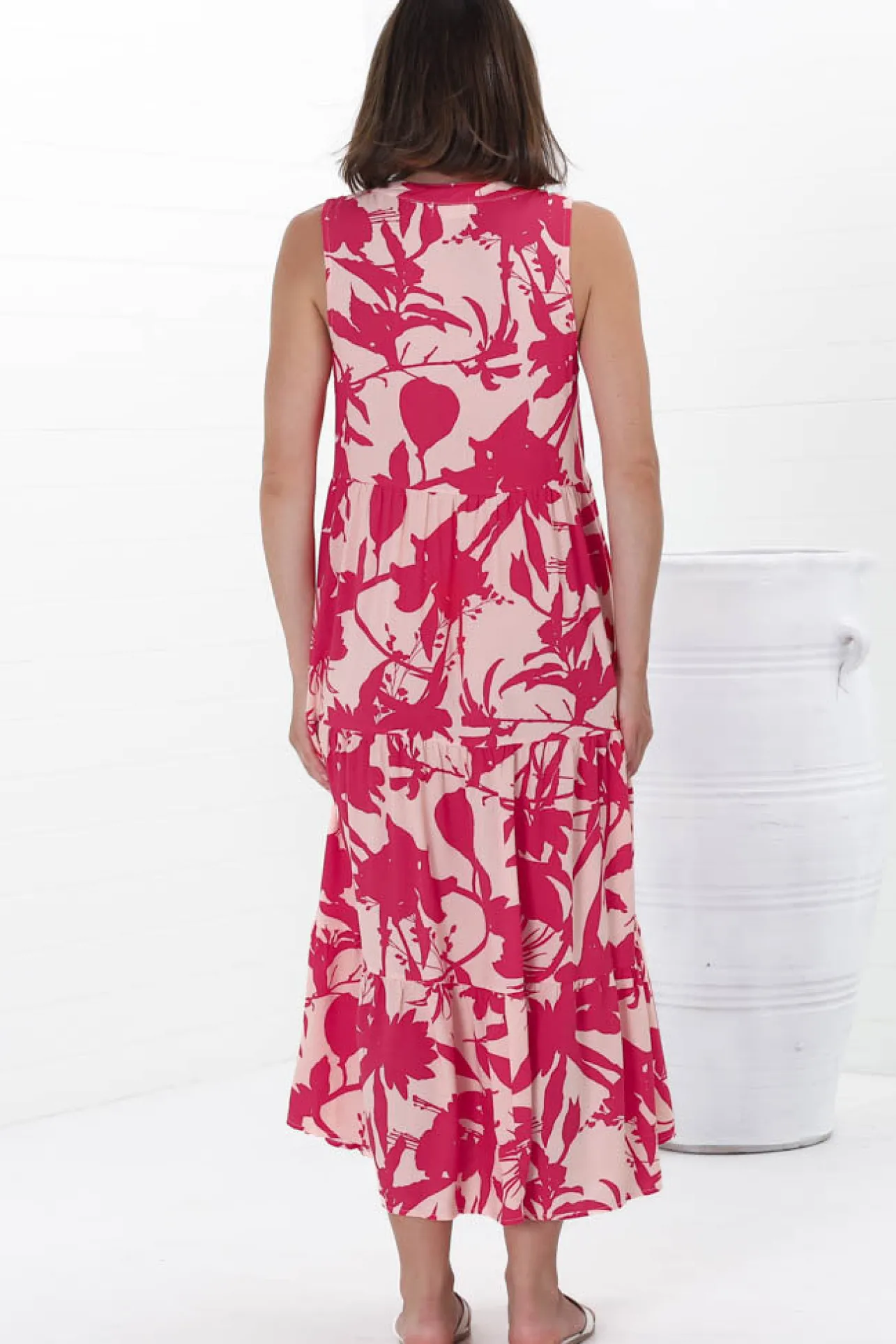 Acelle Midi Dress - Sleeveless Bermuda Collar Button Down Dress in Patty Print Pink>Salty Crush Sale
