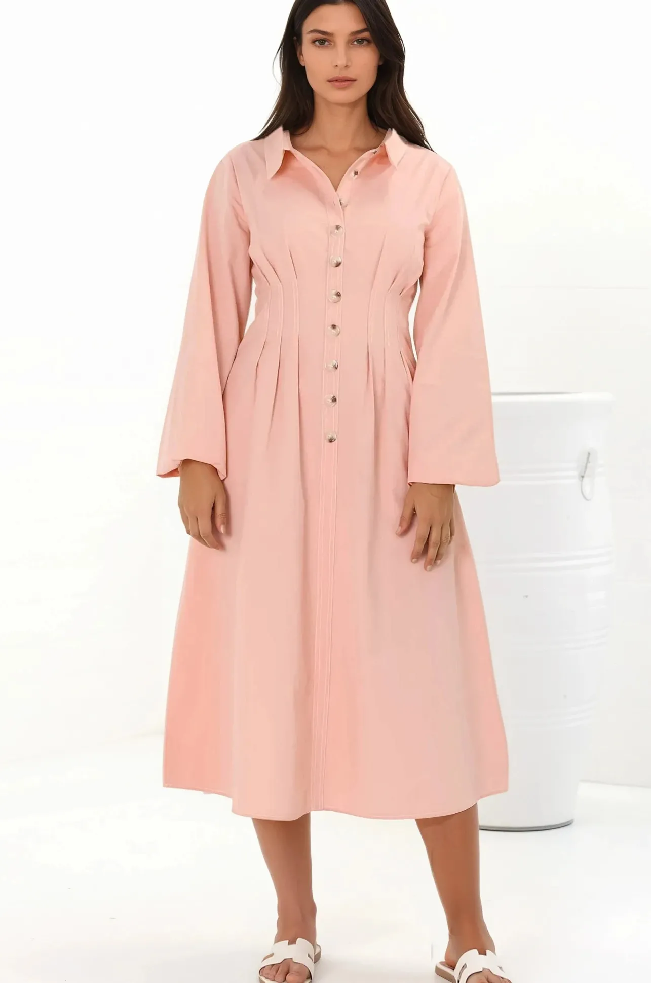 Adalyn Midi Dress - Collared A Line Dress with Cinched Waistline and Contrast Stitching in Pink>Salty Crush New