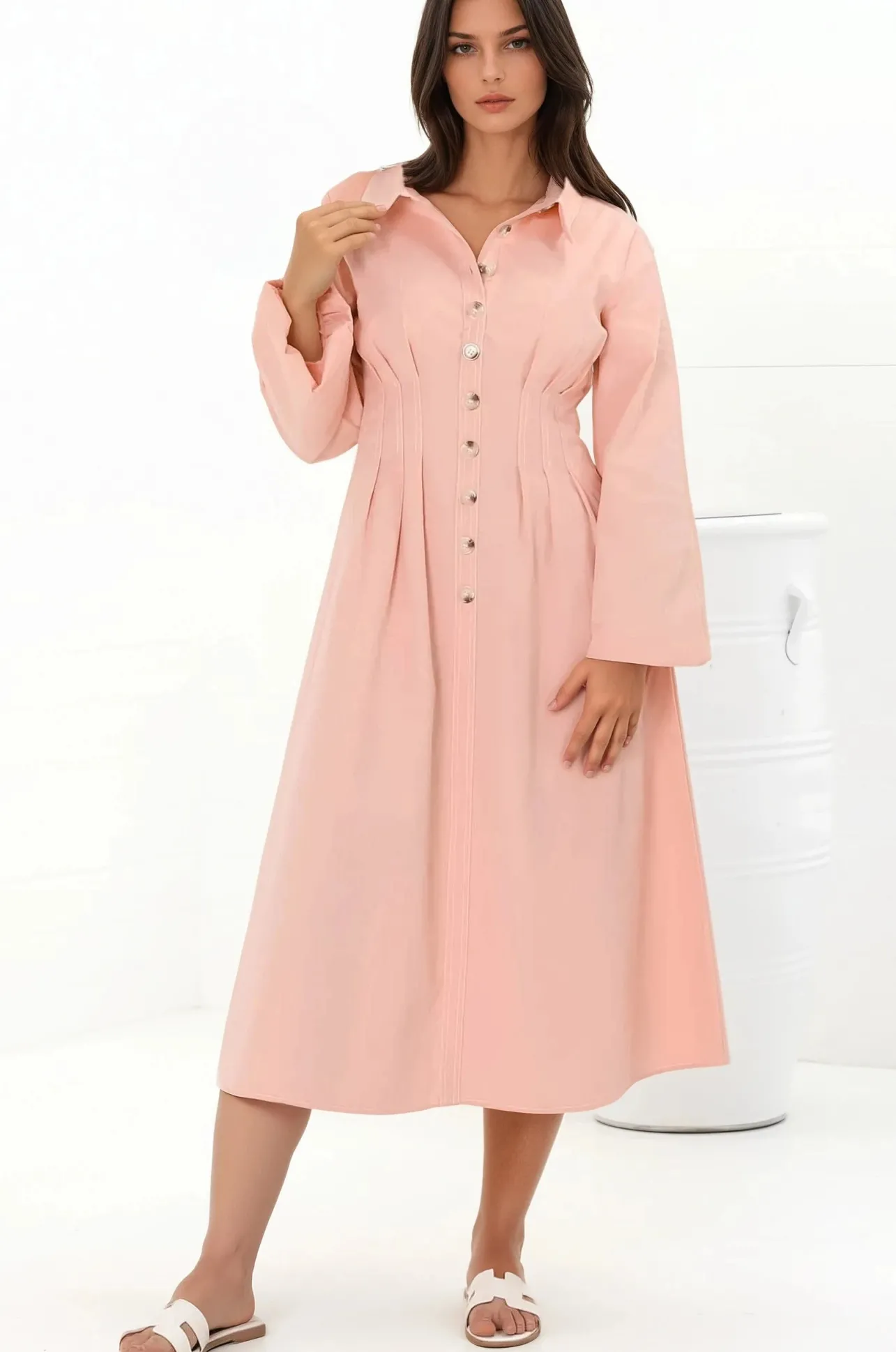 Adalyn Midi Dress - Collared A Line Dress with Cinched Waistline and Contrast Stitching in Pink>Salty Crush New