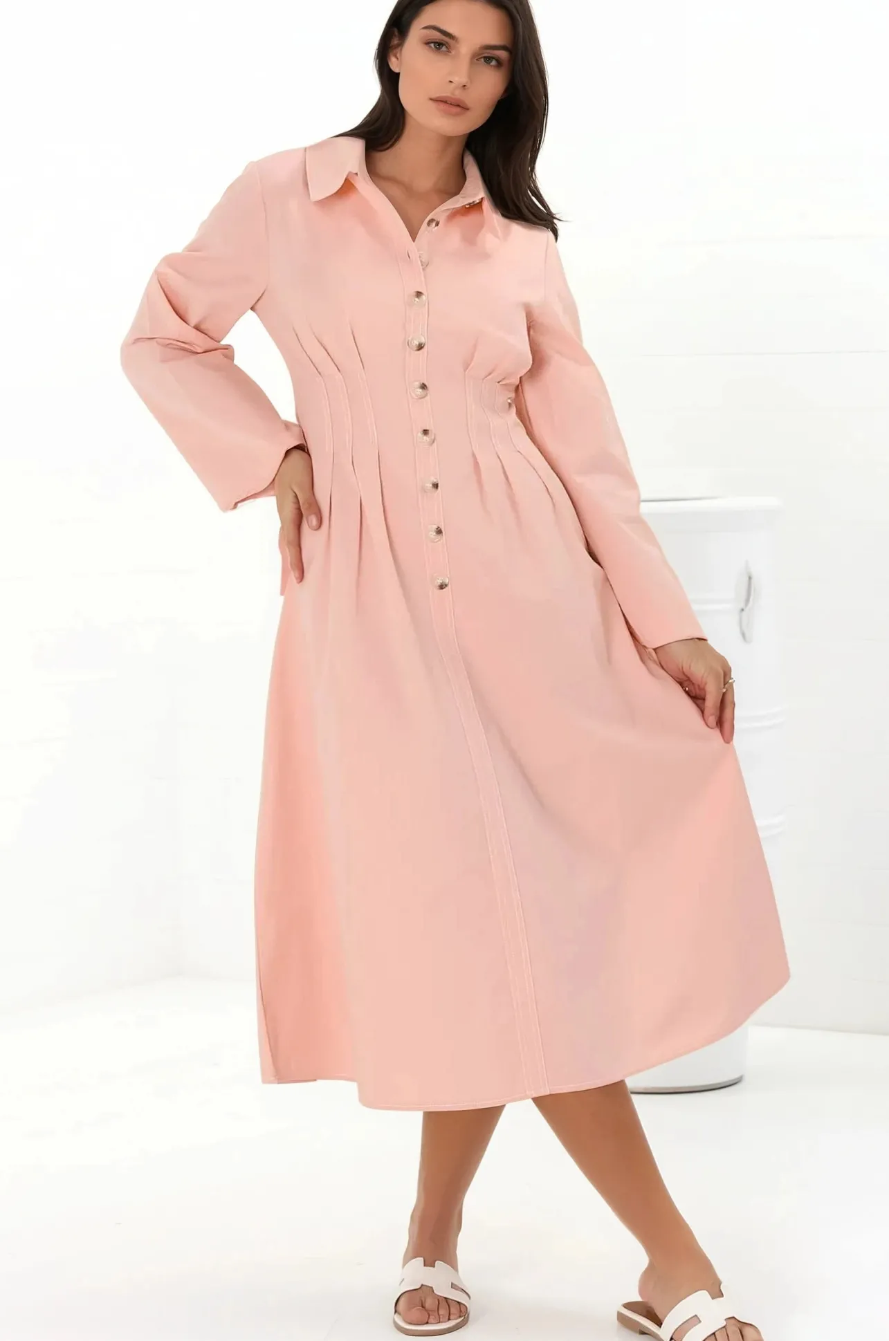 Adalyn Midi Dress - Collared A Line Dress with Cinched Waistline and Contrast Stitching in Pink>Salty Crush New